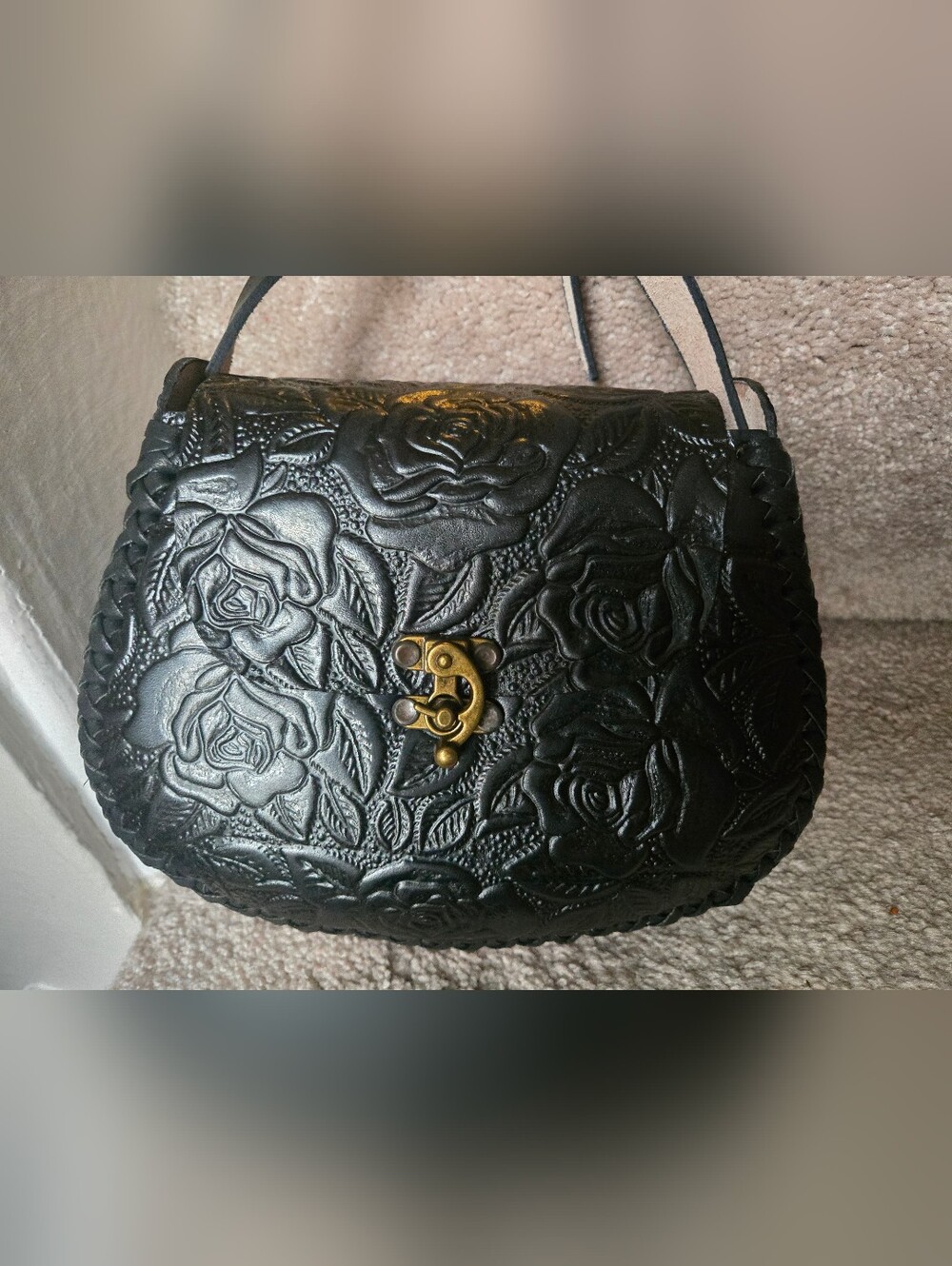 Black Embossed Rose Leather Crossbody Bag